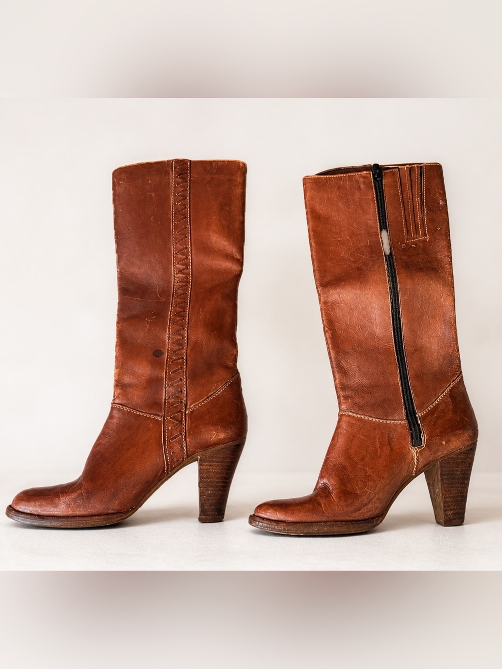 Vintage 70s Cognac Leather Tall Boots Stacked Heel Zip Women 7B Retro
